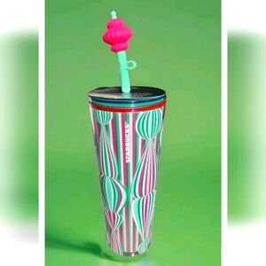 NWT Starbucks 2024 Holiday Striped Holiday Ornament Ball Straw Topper Tumbler